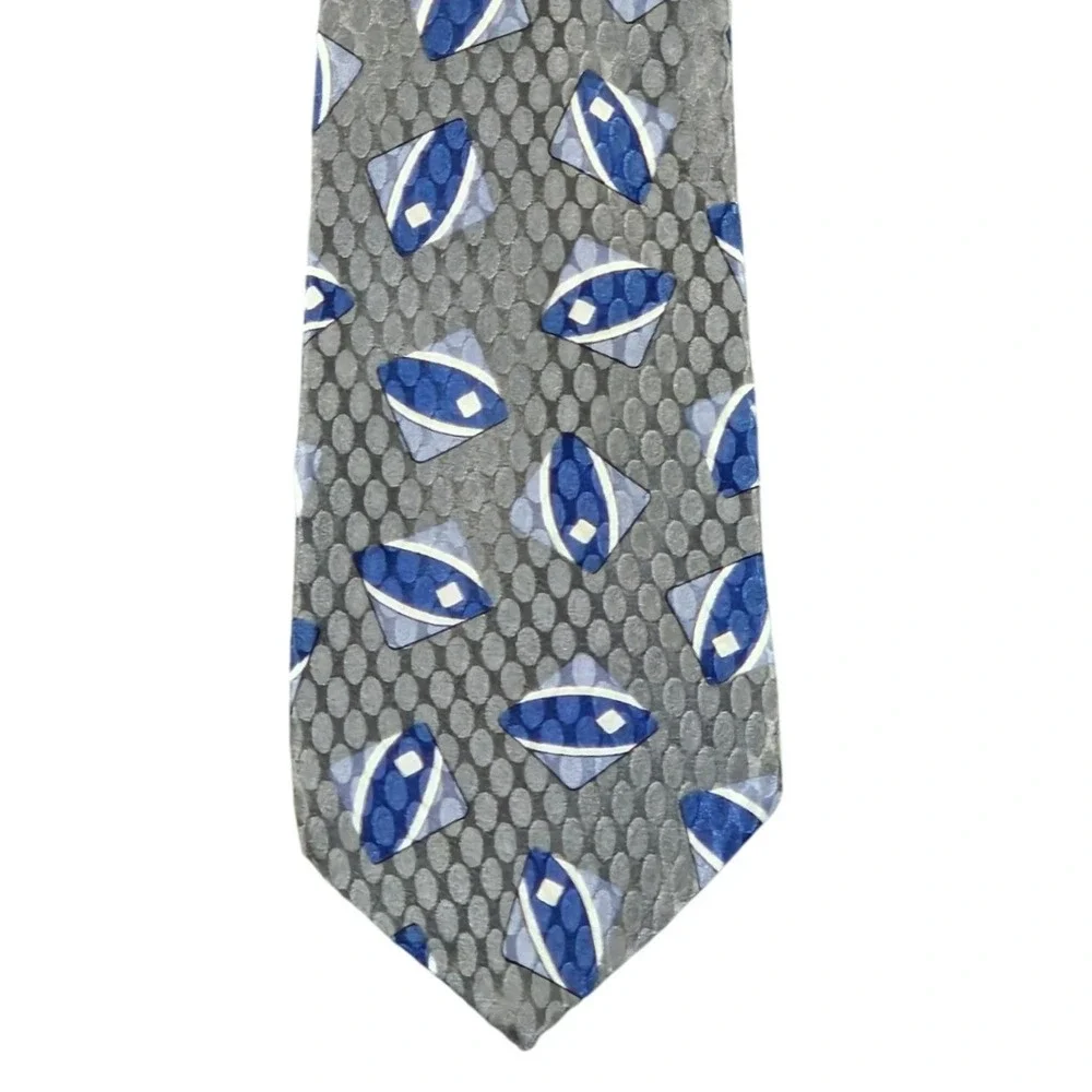 Vintage Oscar de la Renta Silk Tie Mens Grey Blue‎ Geometric Couture Collection